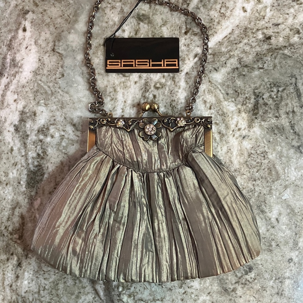 Sasha NewYork  taupe ruched satin clutch/ purse with jeweled floral clasp. NWT